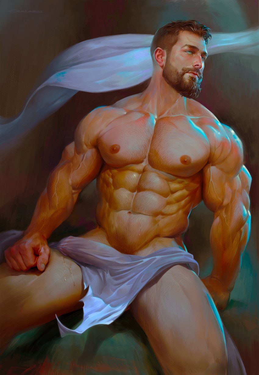 1boy abs bara beard biceps big_bulge bulge daddy erection_under_clothes male male_nipples male_only manly mature_male muscular_male nipples pecs penis_outline penis_under_clothes qai_san