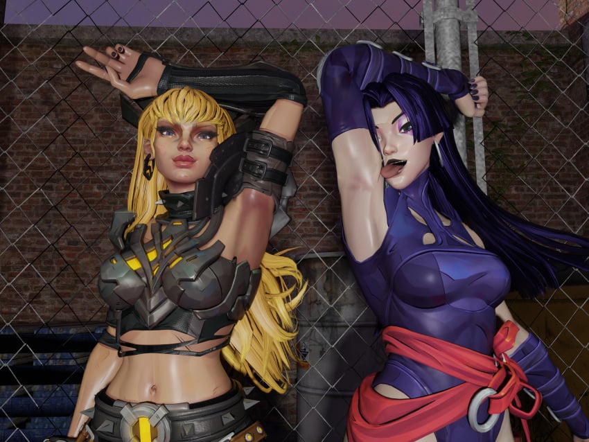 2girls 3d alleyway armpit_fetish armpit_focus armpit_lick armpit_licking armpits asian avengers blender blonde_hair blue_eyes caucasian clothed female_focus female_only licking magik_(illyana_rasputin) magik_(marvel_rivals) marvel marvel_rivals psylocke psylocke_(marvel_rivals) purple_hair smiling theblendertaper x-men