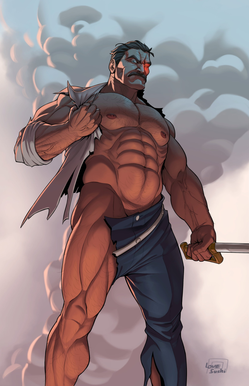 abs bara biceps clothing daddy dilf fullmetal_alchemist ilovefsushi king_bradley love_sushi male male_nipples male_only manly mature_male moustache muscular_male nipples pecs