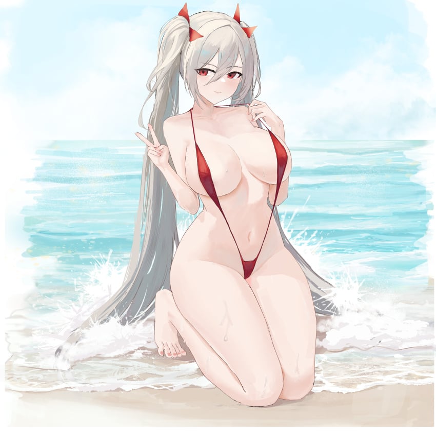 1girls absurdres azur_lane beach blonde_hair blush bow breasts day female female_only full_body groin hair_between_eyes hairbow half-closed_eyes hand_up hands_up highres hip_focus kneeling l'audacieux_(azur_lane) large_breasts light-skinned_female light_skin long_hair looking_at_viewer navel ocean outdoors pulling_own_clothes red_bow red_eyes red_slingshot_swimsuit slingshot_swimsuit smile solo string_pull suo_bu_ye_feng swimsuit teasing thighs tiptoes twintails v very_long_hair vichya_dominion_(azur_lane) wet wet_hair