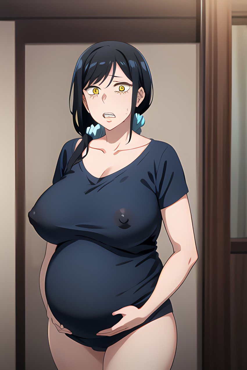 1girls ai_generated areolae big_breasts black_hair blue_eyes blush breasts huge_breasts large_breasts looking_at_viewer looking_pleasured mature_female mieruko-chan milf naked naked_female nipples nipples_visible_through_clothing nude nude_female pregnant pregnant_belly pregnant_female scared scared_expression shirt yotsuya_touko