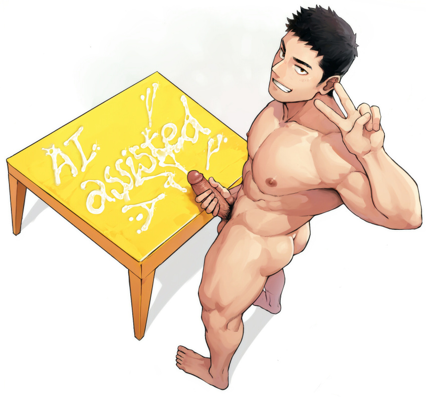 1boy ai_generated ass bara barefoot black_eyes black_hair cum english_commentary english_text erection full_body grin hand_on_own_penis highres looking_at_viewer male_focus muscular muscular_male nipples original pectorals penis short_hair simple_background smile solo table teeth uncensored v white_background winemvee