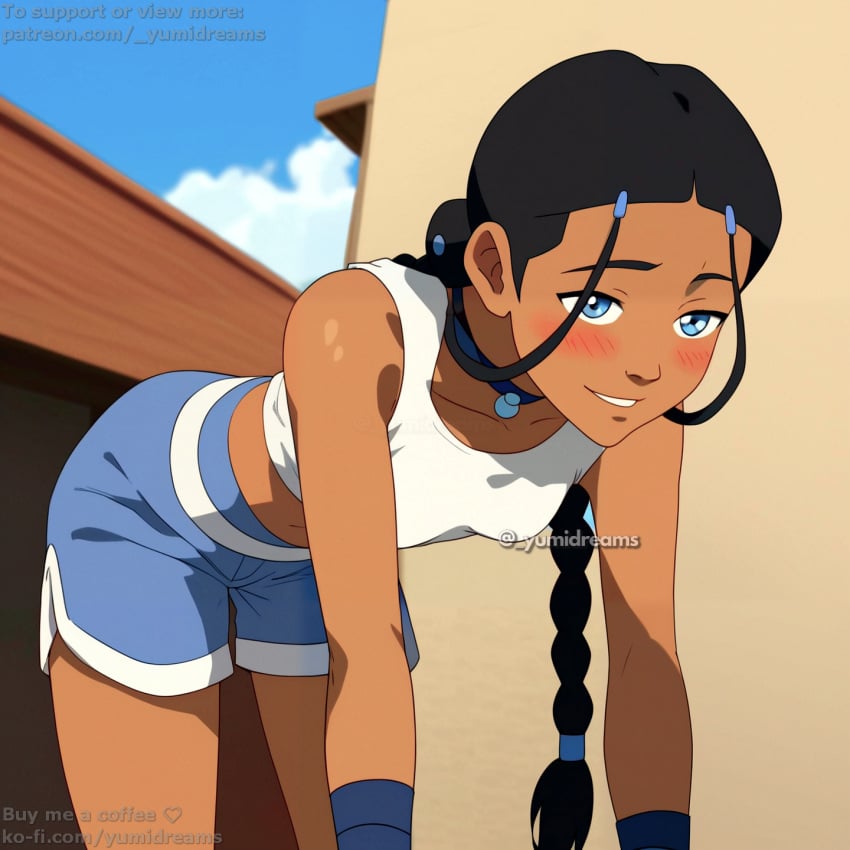 1girls _yumidreams ai_generated avatar_legends avatar_the_last_airbender blue_eyes blush braid dark-skinned_female dark_skin katara long_hair ponytail safe_for_work sfw shy small_breasts water_tribe