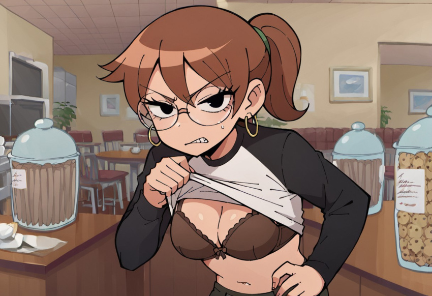 ai_generated angry angry_face bigmic145 bra breasts brown_hair cleavage clenched_fist clothed clothed_female clothing female female_only glasses hoop_earrings julie_powers looking_at_viewer ponytail scott_pilgrim scott_pilgrim_takes_off solo_female