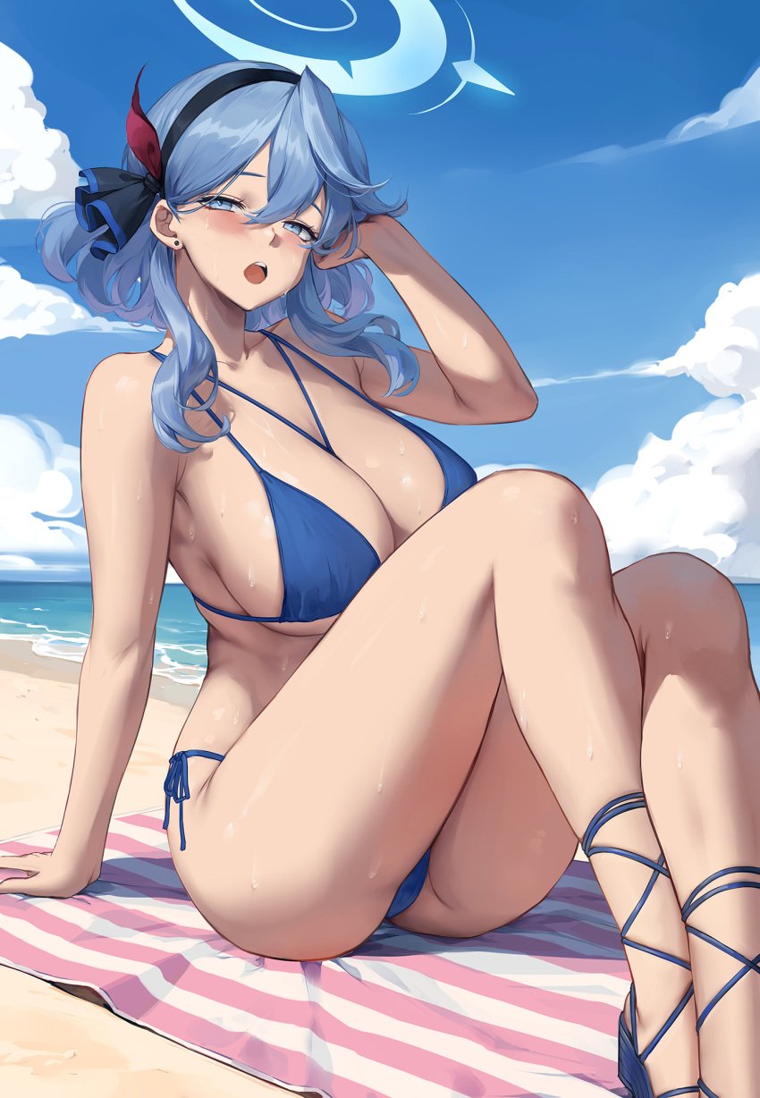 ako_(blue_archive) bare_shoulders beach bikini blue_archive blue_bikini blue_eyes blue_hair blue_sky blush breasts chihunhentai cleavage collarbone female gehenna_academy_student hair_between_eyes hair_ribbon hairband halo highres large_breasts looking_at_viewer medium_hair open_mouth prefect_team_(blue_archive) ribbon sitting sky solo swimsuit