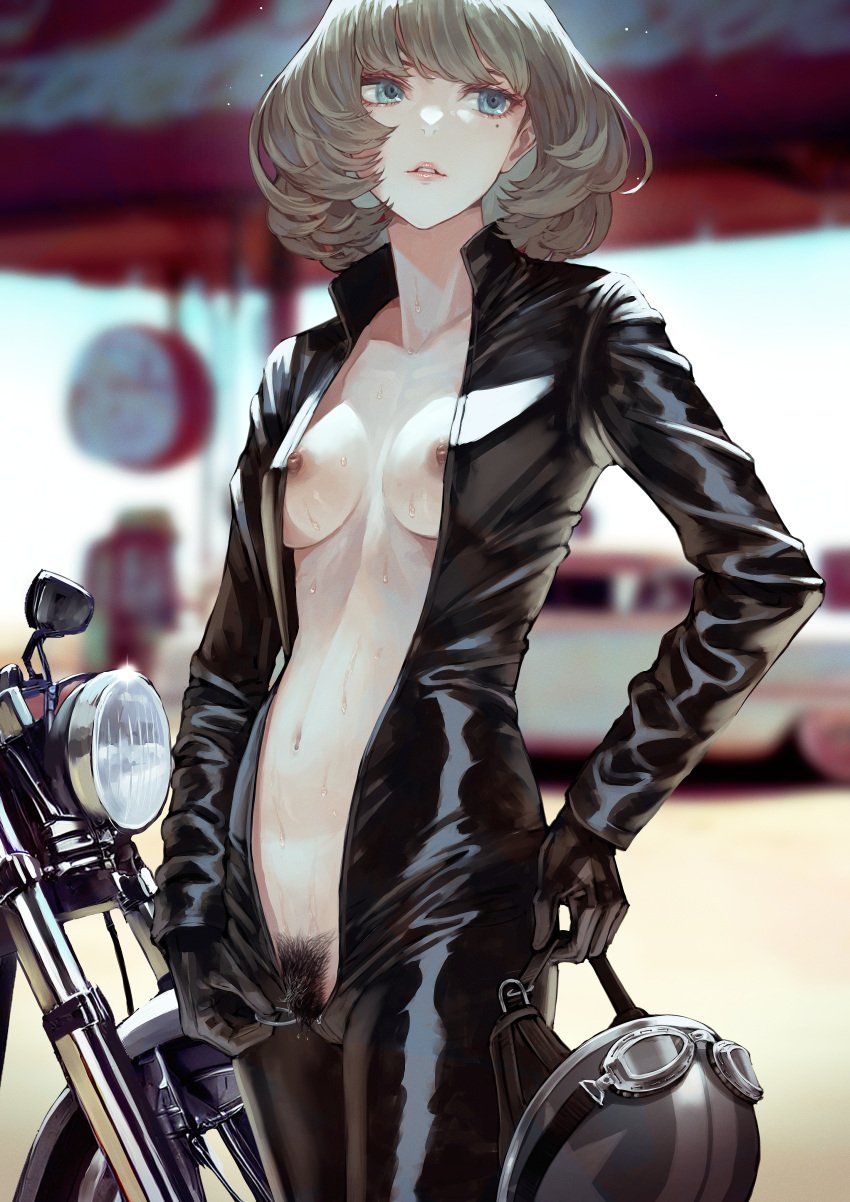 1girls absurd_res absurdres areolae black_bodysuit bodysuit breasts exhibitionism exhibitionist exposed exposed_breasts female female_only female_pubic_hair hi_res highres idolmaster idolmaster_cinderella_girls kaoming latex latex_suit light-skinned_female light_skin motorcycle nipples no_bra outdoors pose posing pubic_hair solo solo_female sweat takagaki_kaede wet_skin zipper_down