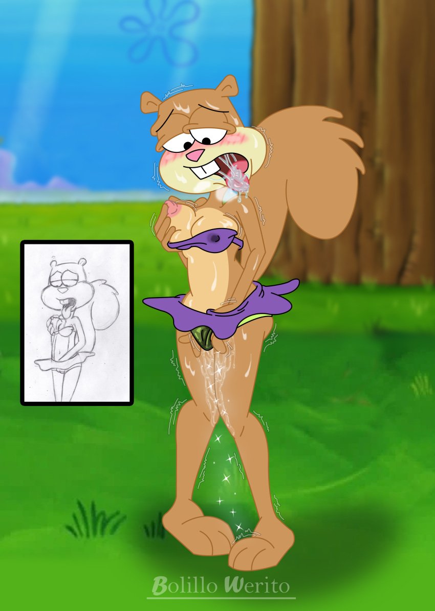 absurd_res blush bodily_fluids bolillo_werito breasts female grass hi_res looking_down looking_pleasured mammal masturbation nickelodeon nipples plant rodent saliva sandy_cheeks sciurid solo spongebob_squarepants tongue tongue_out tree tree_squirrel