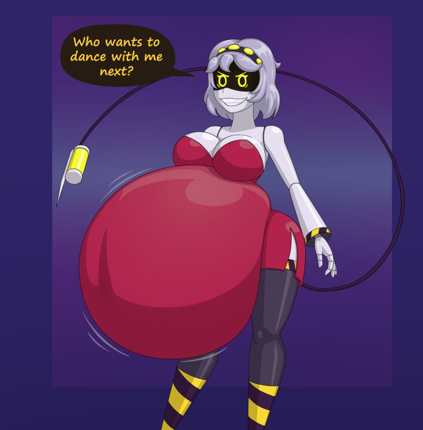 1female 1females 1girl 1girls 1robot 1robot_girl 2023 2d_artwork big_belly big_breasts black_screen black_screen_on_face episode_3 female_only girl_only glitch_productions lotosnic murder_drones prom_dress red_dress robot_humanoid screen screen_face tail text v_(murder_drones) vore vore_belly yellow_eyes