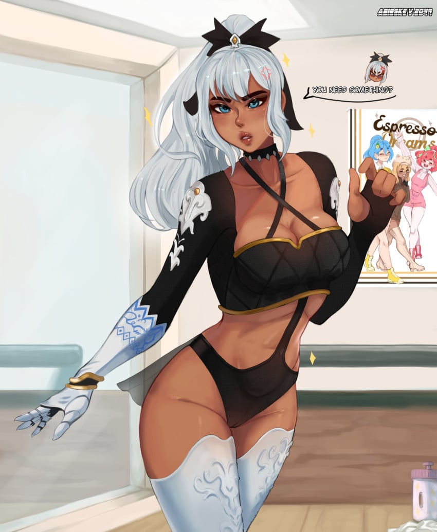 abioske annoyed annoyed_expression ballerina clara_(fortnite) dark-skinned_female female fortnite fortnite:_battle_royale revealing_clothes robot_joints robotic_arm robotic_limb skimpy skimpy_clothes skimpy_outfit tan_body tan_skin thighhighs upset white_hair