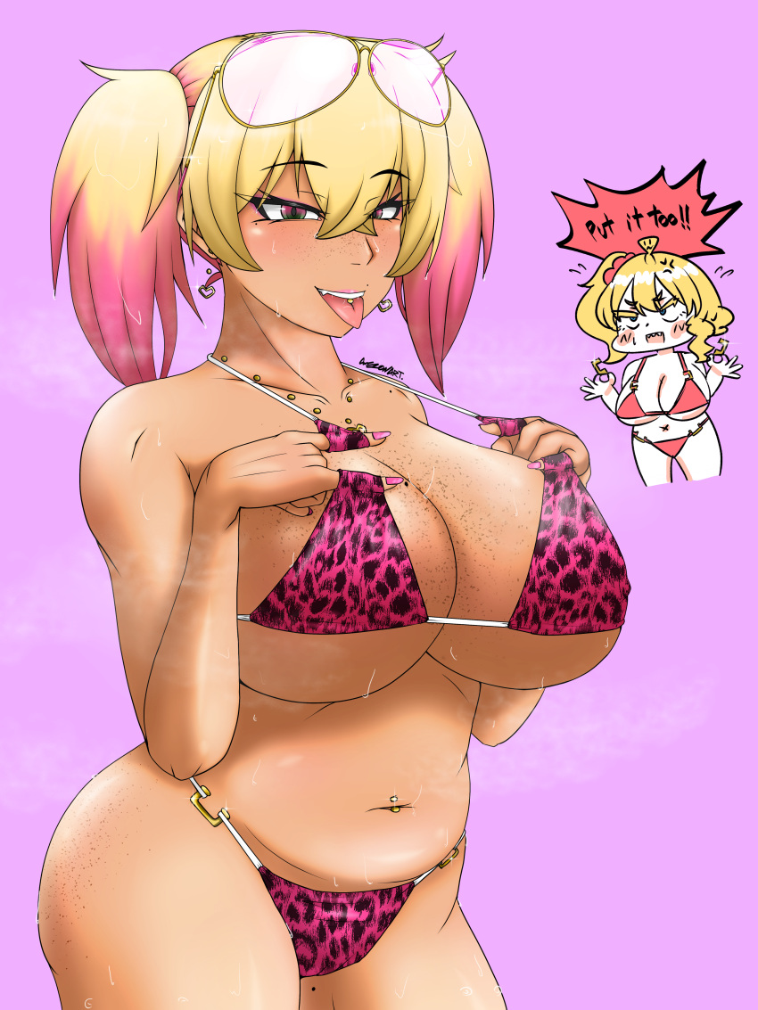 axezon bikini blonde_hair dark-skinned_female dark_skin eyewear_on_head female florida_bikini gyaru hi_res leopard_print original pinky_(axezon) sunglasses swimsuit twintails