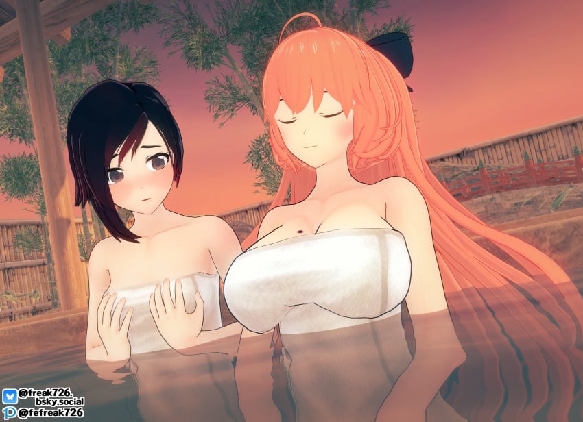 2024 2girls 3d big_breasts black_hair blush blush bow breast_comparison breast_envy breast_size_difference breasts color digital_media_(artwork) fefreak726 female female_focus female_only ginger ginger_hair grabbing_own_breasts hot_spring large_breasts long_hair looking_at_breasts mole mole_on_breast multicolored_hair onsen orange_hair penny_polendina red_hair ruby_rose rwby silver_eyes small_breasts sunset tagme towel towel_only trees two_tone_hair unaware yuri