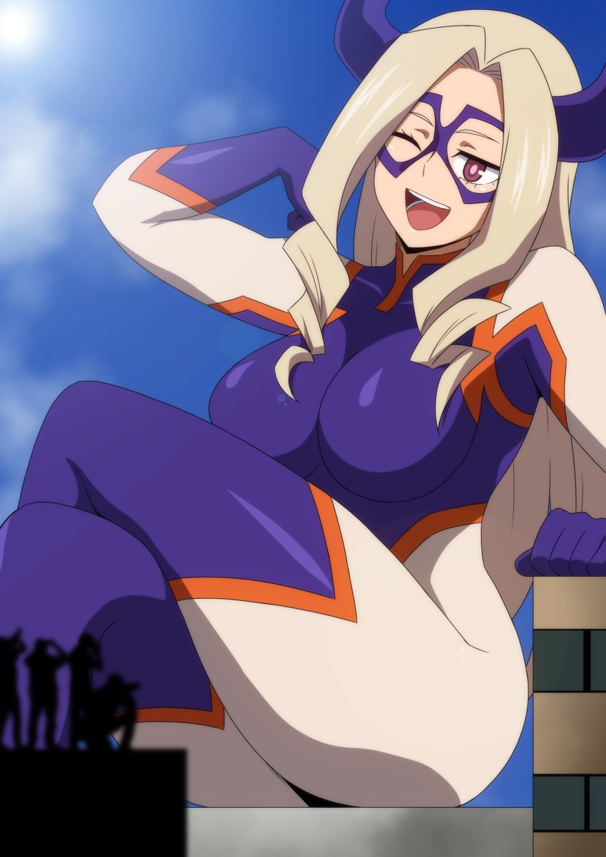 accurate_art_style blonde_hair bodysuit boku_no_hero_academia breasts commentary_request crossed_legs domino_mask female giant giantess hara_(harayutaka) highres horns large_breasts long_hair looking_at_viewer mask mount_lady multiple_others my_hero_academia open_mouth red_eyes sitting smile superhero_costume