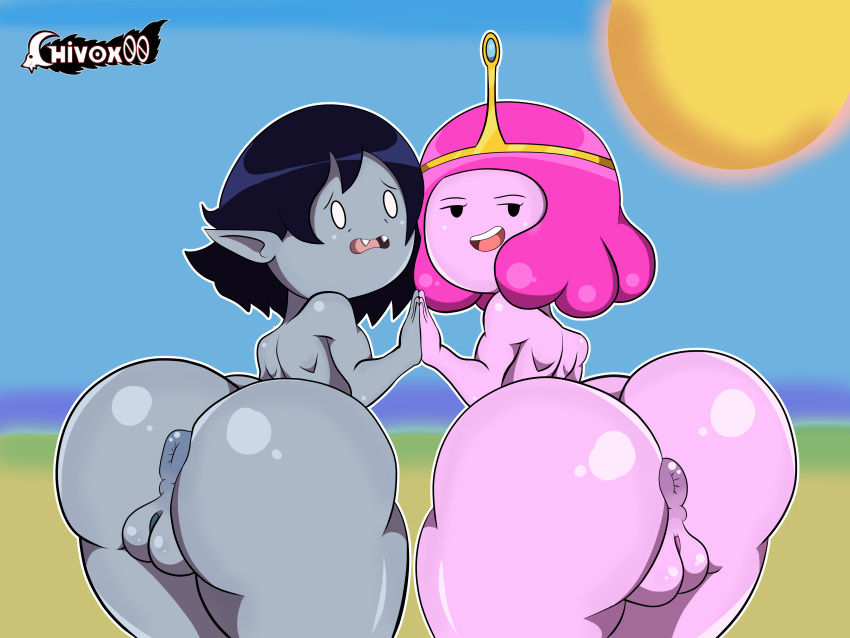 2girls adventure_time anus chivox00 female marceline multiple_girls pink_hair pink_skin princess_bubblegum young young_marceline young_princess_bubblegum