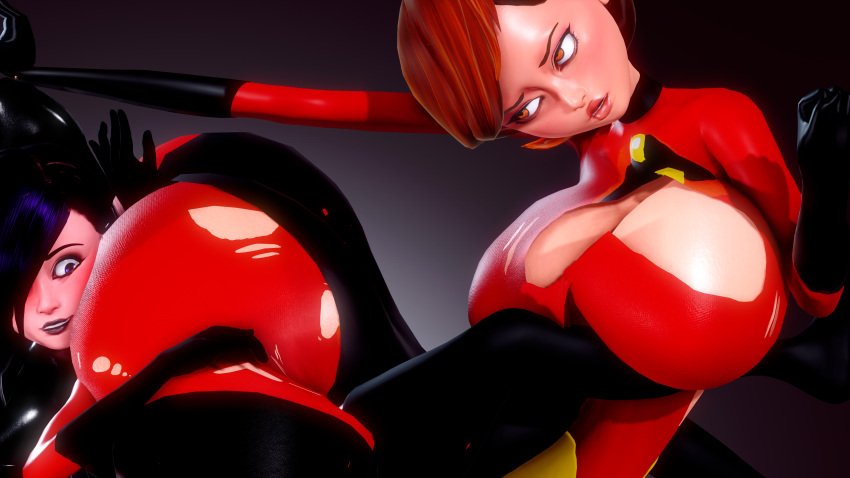 2girls 3d 3d_(artwork) ass ass_expansion ass_to_face blush breast breast_expansion cramped daughter disney elastigirl female female_only helen_parr huge_ass huge_breasts looking_at_butt mother mother_and_daughter pixar prevence smooth_skin the_incredibles torn_clothes violet_parr wardrobe_malfunction