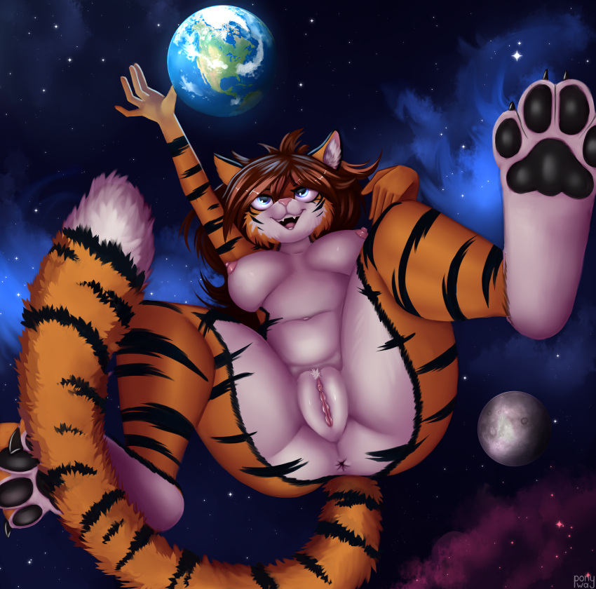 absurd_res anthro blue_eyes breasts brown_hair earth eye_contact felid female fur genitals hair hi_res looking_at_another macro mammal maomi_(doomdutch) moon nipples orange_body orange_fur pantherine planet planet_sized pony-way pussy solo space spread_legs spreading tiger