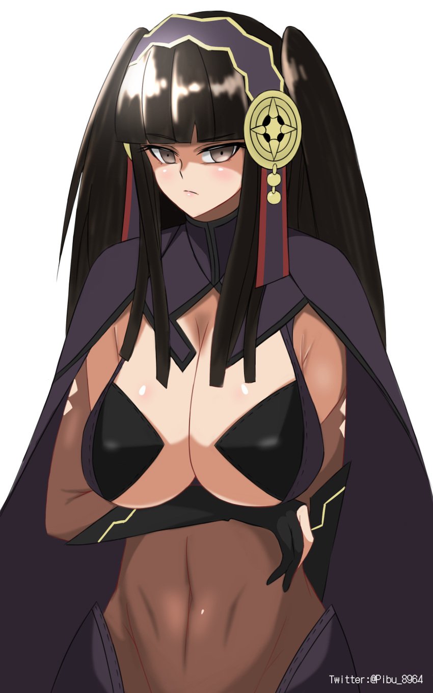 1girls alternate_costume bangs big_breasts black_hair bodystocking cosplay fingerless_gloves fire_emblem fire_emblem_fates gloves goth grey_eyes large_breasts long_hair looking_at_viewer nintendo ophelia_(fire_emblem)_(cosplay) pibu rhajat_(fire_emblem) sideboob solo solo_female unamused underboob white_background