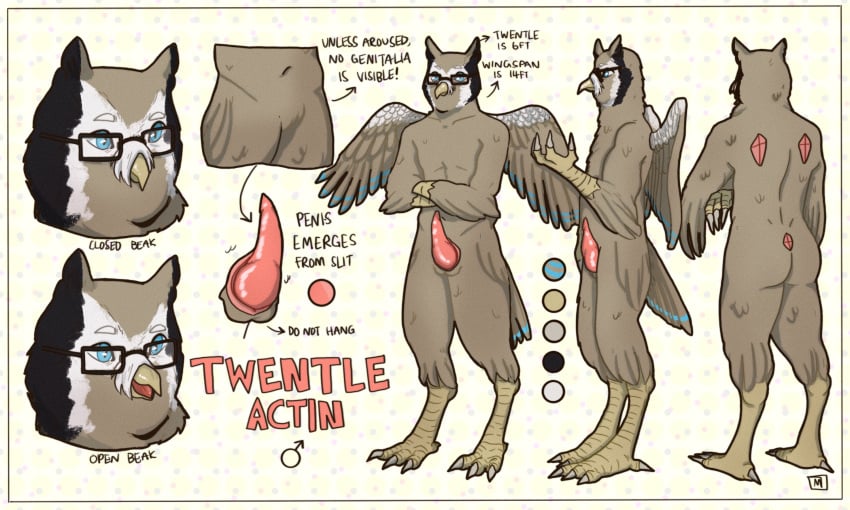 5:3 accents anthro avian bird english_text feathers genitals hi_res male model_sheet neon owl penile penis prehensile_(disambiguation) scops_owl slit solo teal_feathers text true_owl twentle twentle_actin twentles white-faced_owl