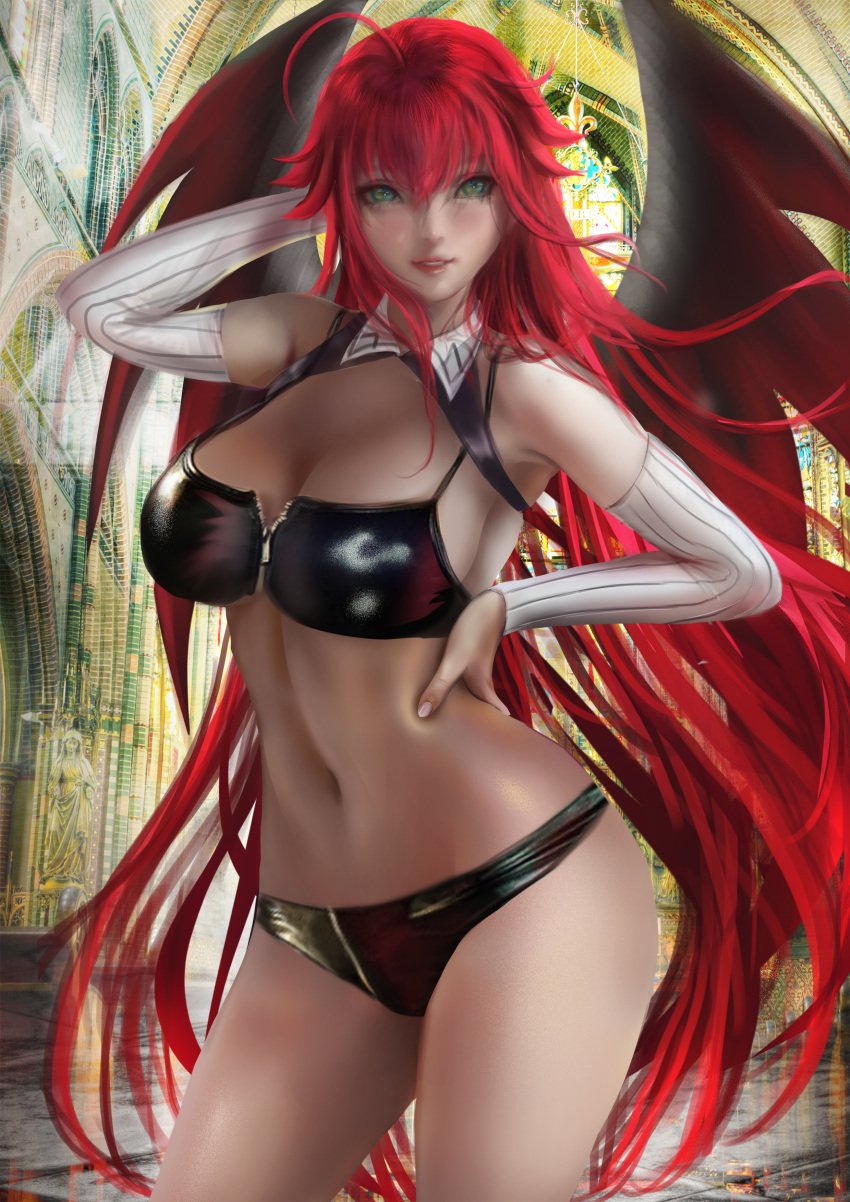 1girls alternate_version_available arm_behind_head arm_up belly belly_button bikini black_bikini blush breasts church cleavage demon_girl demon_wings detached_sleeves donyta eyebrows female female_focus female_only flustered green_eyes hair_between_eyes hair_over_shoulder hand_on_own_waist hand_on_waist high_resolution high_school_dxd highres indoors large_breasts lips long_hair long_sleeves looking_at_viewer nail_polish navel one_arm_up presenting red_hair rias_gremory solo teeth thick_thighs thighs tie very_long_hair wide_hips wings zipper