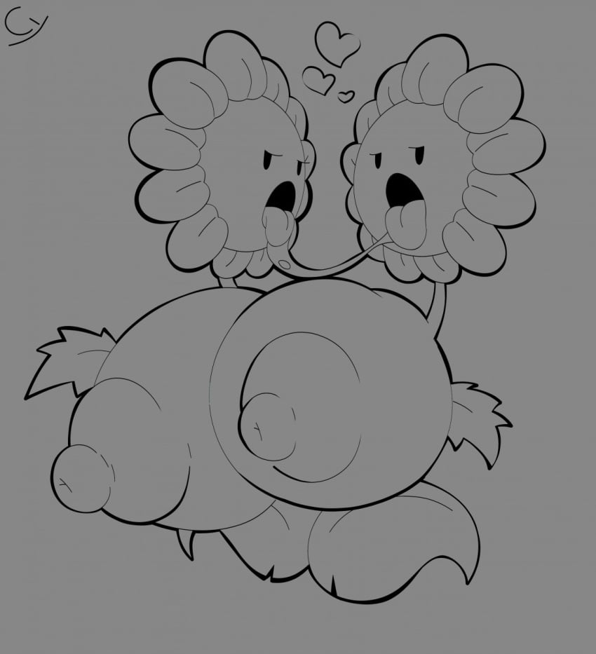 areolae ball_with_hyper_features big_breasts breasts cleavage conjoined cyanu female female_focus female_only greyscale heart hyper_breasts kissing large_breasts leaves lesbian lustful_gaze nipples nude plant plants_vs_zombies popcap_games saliva saliva_trail selfcest sunflower_(pvz) tongue twin_sunflower_(pvz) yuri