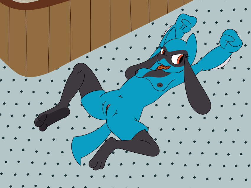 aaron_amethyst absurd_res anthro bath bathhouse breasts eyelashes feet female genitals hi_res lying navel nintendo nipples nude on_back pokémon_(species) pokemon pussy riolu solo tongue tongue_out video_games