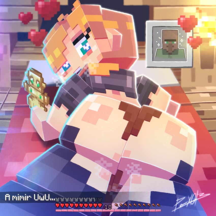 1boy 1girls alex_(minecraft) ass big_butt cube_head cubic_body female female_focus gameplay_mechanics health_bar heart-shaped_pupils hetero heterosexual looking_back minecraft mojang nitwit_(minecraft) on_bed panteon013 square_body square_head villager_(minecraft)