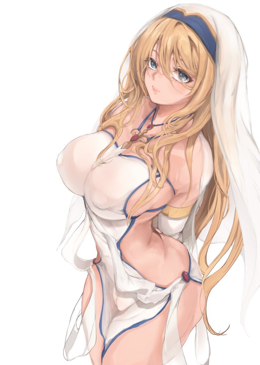 1girls absurdres arms_behind_back bangs blonde_hair bridal_gauntlets covered_erect_nipples dress female goblin_slayer grey_eyes habit highres huge_breasts jewelry long_hair looking_at_viewer mamimi_(artist) mamimi_(mamamimi) necklace sideless_outfit solo sword_maiden_(goblin_slayer) veil