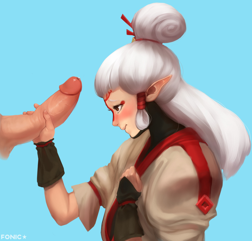 1girls big_penis biting_lip blue_background blush breath_of_the_wild clothed erection fonic handjob long_hair paya_(the_legend_of_zelda) penis_grab pointy_ears precum sex shy the_legend_of_zelda unseen_male_face