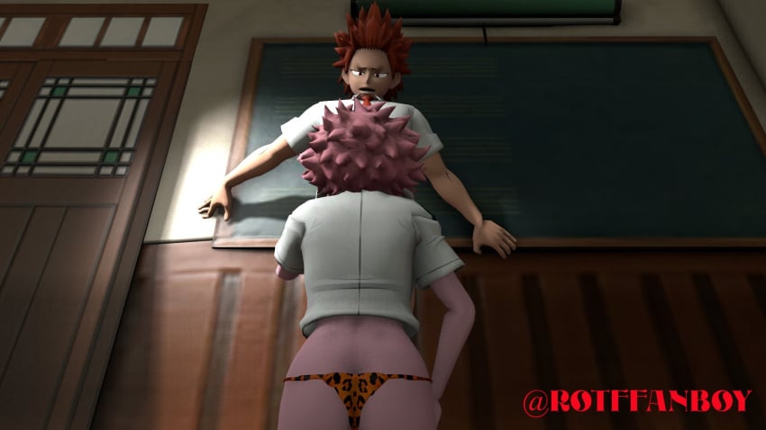 1boy 1boy1girl 1girls 3d 3d_(artwork) ashcon blowjob classroom eijirou_kirishima fellatio female implied_fellatio implied_oral in_public kirimina male male/female mina_ashido my_hero_academia oral pink_hair pink_skin red_hair school_uniform schoolboy schoolgirl standing straight thong