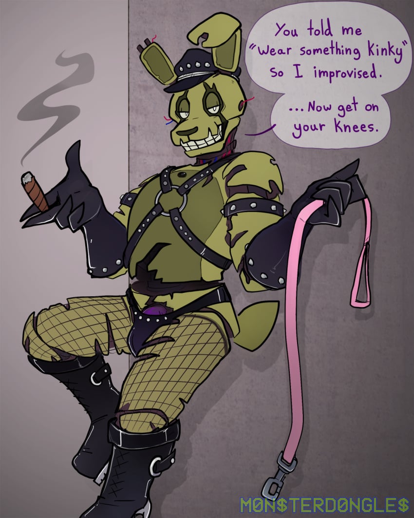 ... 1boy 2021 4:5 animatronic anthro bdsm_gear bedroom_eyes boots bulge cigar cigar_smoke clothing dialogue endoskeleton english_text exposed_endoskeleton fishnet fishnet_legwear five_nights_at_freddy's five_nights_at_freddy's_3 flaccid footwear genitals gloves green_body green_nose green_tail grey_background half-closed_eyes handwear harness hat headgear headwear hi_res lagomorph leaning_on_wall leash leather leather_boots leather_clothing leather_footwear leather_gloves leather_handwear leather_hat leather_jockstrap leather_straps leather_underwear legwear leporid long_ears looking_at_viewer machine male male_only mammal monsterdongles mostly_nude multicolored_body narrowed_eyes notched_ear penis rabbit robot seductive short_tail simple_background smile smoke solo speech_bubble springtrap springtrap_(fnaf) standing straps talking_to_viewer teeth text torn_arm torn_body torn_face torn_leg two_tone_body underwear video_games wire