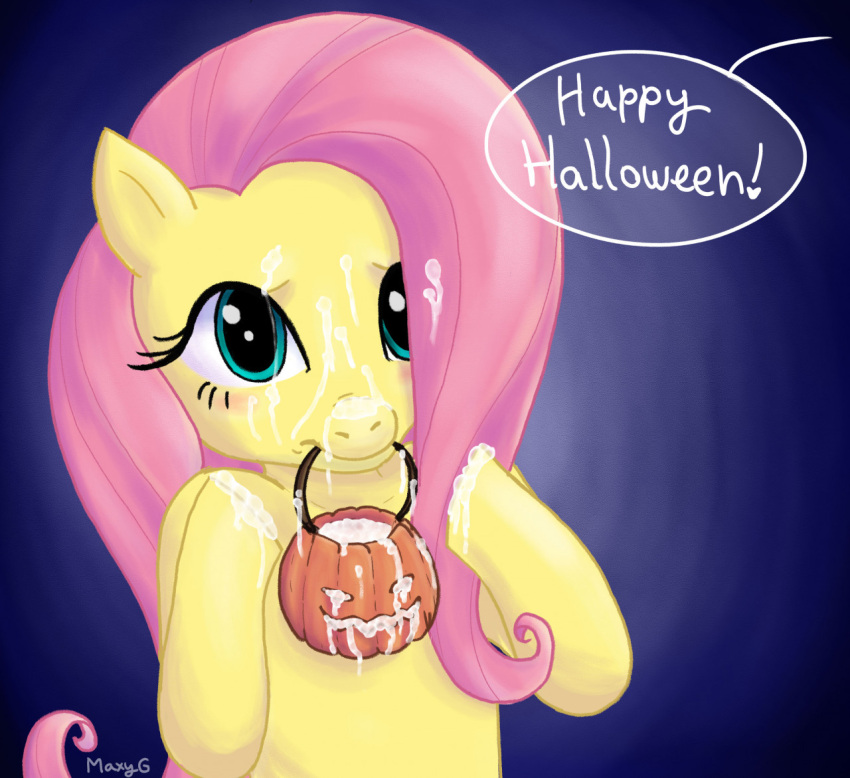 blue_background blue_eyes blush bodily_fluids cum embarrassed equid equine eyelashes female feral fluttershy_(mlp) food friendship_is_magic fruit genital_fluids hair halloween hasbro holidays horse looking_at_another mammal maxyg my_little_pony pink_hair plant pony pumpkin simple_background solo speech_bubble yellow_body