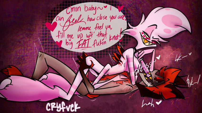 2boys alastor_(hazbin_hotel) anal anal_penetration anal_sex angel_dust_(hazbin_hotel) blood chest_hair choking cryfvck deer demon erect_nipples erect_penis hand_on_ass hand_on_back hand_on_butt hand_on_chest hazbin_hotel looking_at_another looking_at_partner looking_pleasured looking_up male male_only male_penetrated male_penetrating naked nude on_back penis red_hair scratches smile smiling spider text vivienne_medrano white_body white_fur white_hair yaoi