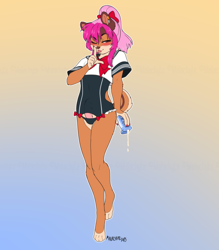 2025 accessory anthro biped black_clothing black_nose black_panties black_underwear bottle bow_ribbon brown_body brown_fur chipmunk claws clothed clothing container countershade_face countershade_torso countershading erection erection_under_clothing feet femboy front_view fur genitals ground_squirrel hair hair_accessory hair_ribbon hairbow hi_res holding_bottle holding_container holding_object humanoid_genitalia humanoid_penis leg_markings looking_at_viewer malachyte male mammal markings multicolored_body one_eye_closed panties partially_clothed paws penis pink_hair ponytail ribbons rodent sciurid simple_background socks_(marking) solo squirrel sunscreen swimwear tan_body tan_countershading tan_fur tan_markings tongue tongue_out two_tone_body underwear wink winking_at_viewer