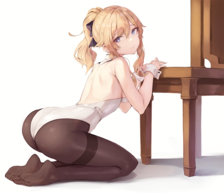 blonde_hair chair genshin_impact hiki_niito hikinito_(leviathan) jean_gunnhildr leotard no_shoes pantyhose