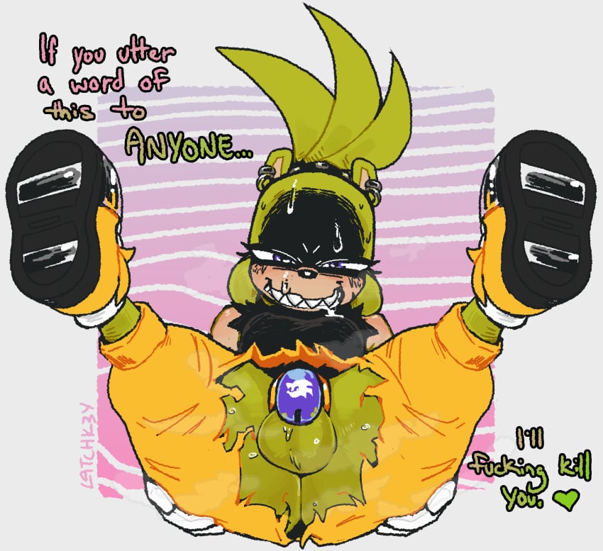 2026 afrosoricid anthro anus ass balls black_body bodily_fluids bottomwear chastity_cage chastity_device clothed clothing death_threat dialogue drooling ear_piercing ear_ring embarrassed english_text footwear futanari genitals glare green_body green_hair gynomorph hair hand_on_butt hand_on_own_butt heart_after_text hi_res idw_publishing intersex latchk3y legs_up looking_at_viewer mammal multicolored_body no_underwear pants piercing profanity purple_eyes ring_piercing saliva sega sharp_teeth shoes simple_background smile smiling_at_viewer solo sonic_(series) sonic_the_hedgehog_(comics) sonic_the_hedgehog_(idw) sonic_the_hedgehog_(series) spread_legs spreading surge_the_tenrec sweat talking_to_viewer tan_body teeth tenrec text torn_bottomwear torn_clothing torn_pants wardrobe_malfunction