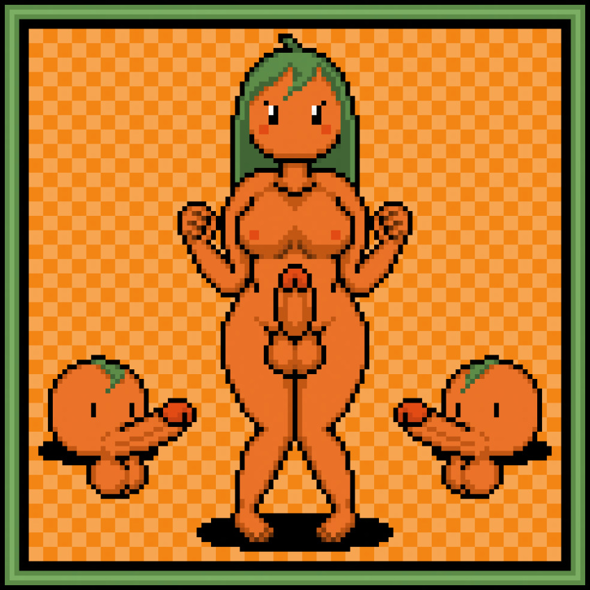 animated dickgirl food_creature futanari gif green_hair orange_skin orangejuicemann pixel_art poppy_(orangejuicemann)