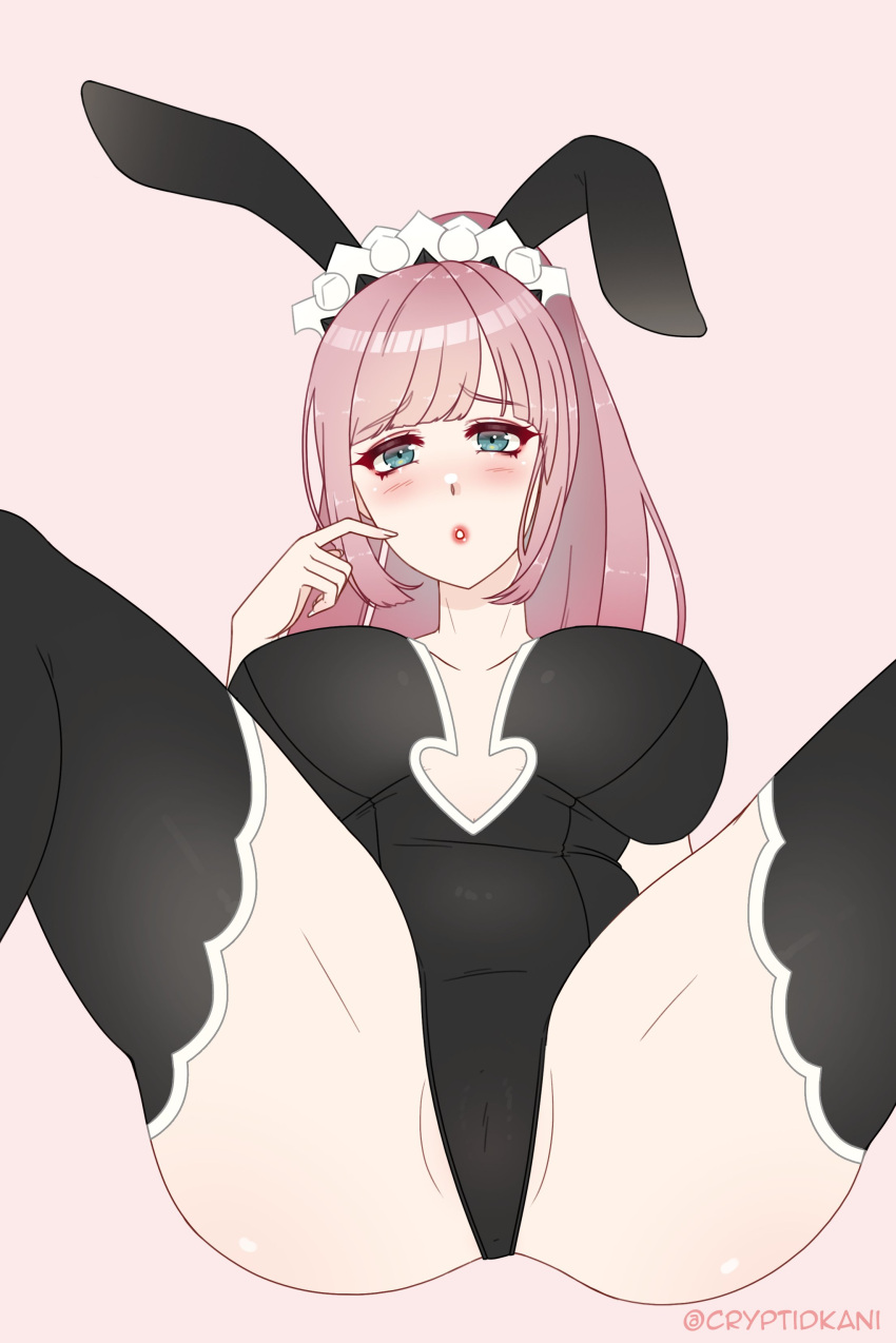 1girls bangs bare_thighs big_breasts blue_eyes bunny_ears bunny_girl bunnysuit clumsy cryptid_crab felicia_(fire_emblem) fire_emblem fire_emblem_fates inner_thighs large_breasts long_hair maid nintendo pink_hair ponytail solo solo_female spread_legs thighhighs tripping