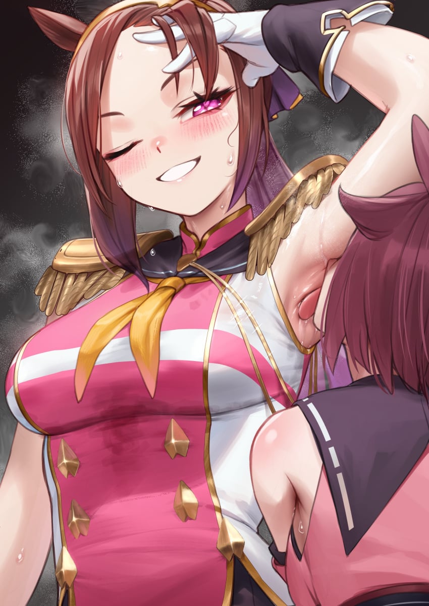 2girls animal_ears armpit_fetish armpit_focus armpit_licking armpit_sniffing armpits bakushin_o_armpit_gif_(meme) brown_hair epaulettes fetish gloves gold_hairband hairband hand_on_own_head hand_up highres horse_ears horse_girl licking licking_armpit meme naughty naughty_face naughty_smile neckerchief open_mouth padoruu ponytail presenting_armpit sakura_bakushin_o_(umamusume) sakura_chiyono_o_(umamusume) sleeveless sleeveless_jacket smile smiling solo sweat sweatdrop sweating tongue tongue_out umamusume umamusume_pretty_derby upper_body white_gloves yellow_neckerchief yuri