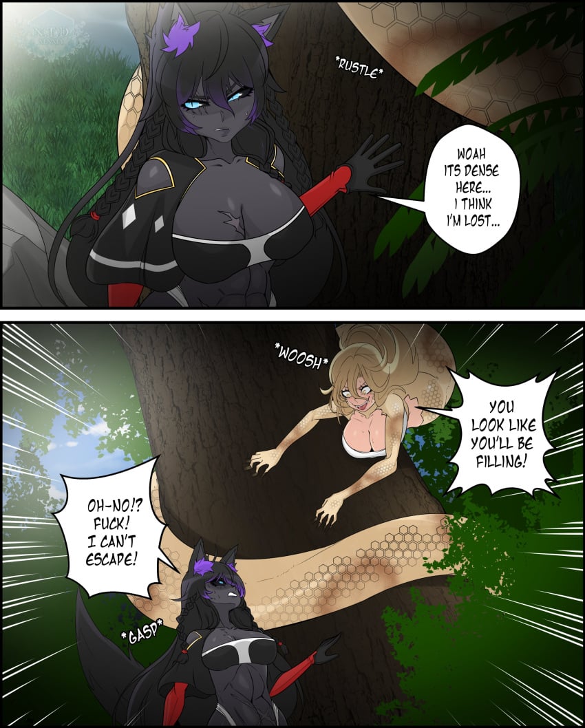 1futa 1girls 2023 2koma abs anthro atelier_sol_aer athletic_futanari big_breasts black-skinned_futanari black_hair black_skin blonde_hair blue_eyes brass_(snowybirb) breasts cleavage clothed clothing commission dialogue duo english_text female fennec forest forest_background fox_ears fox_girl fox_tail futanari huge_breasts imminent_sex light-skinned_female light_skin long_hair multicolored_hair purple_hair snake_girl speech_bubble sweat text text_bubble thaya_merihem tree xenxia yellow_eyes