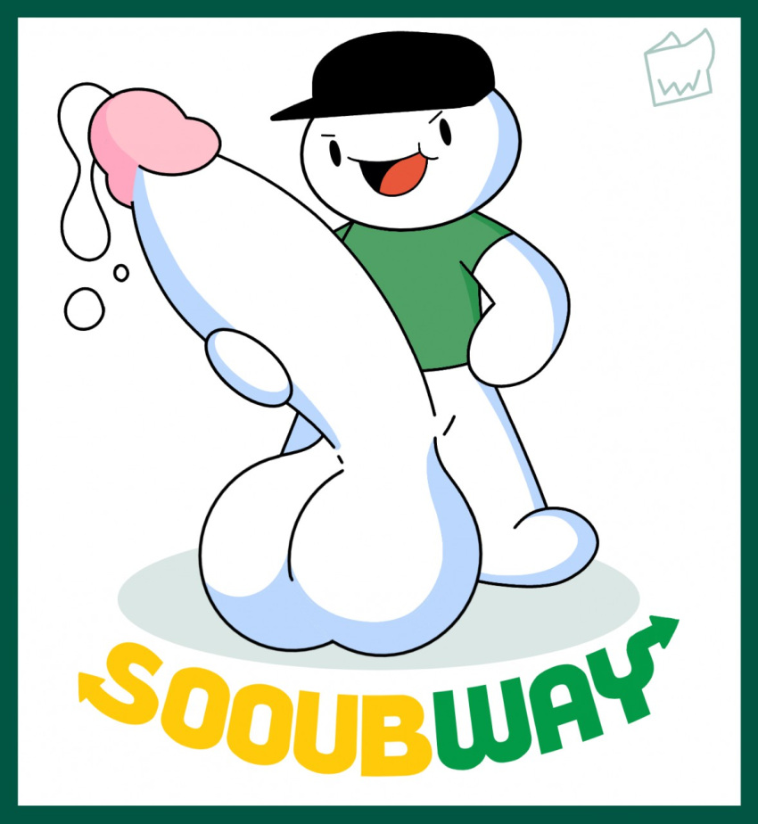 1boy balls cum cyanu hat holding_penis hyper hyper_balls hyper_penis large_balls large_penis male male_focus male_only no_pants open_mouth penis semen subway_(franchise) subway_uniform theodd1sout white_background white_skin youtube youtuber