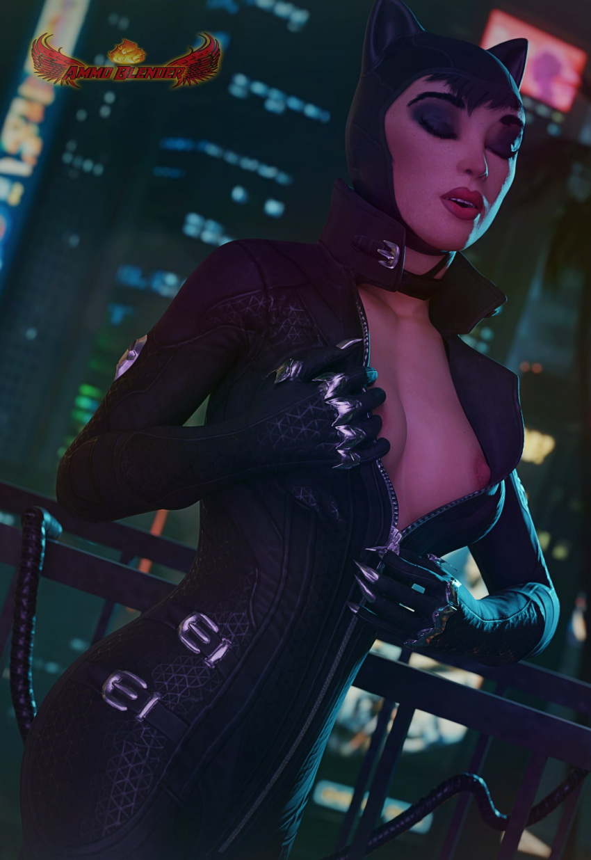 1girls 3d alternate_version_available ammo_blender balcony batman:_arkham_city batman_(series) big_breasts black_hair blender blender_(software) bodysuit breasts breasts_out cat_ears catwoman catwoman_(arkham_city) city claws curvy dark_hair dc dc_comics eyes_closed eyeshadow female female_only lips makeup mouth_open nipples open_bodysuit outside selina_kyle sfm sharp_claws short_hair solo solo_female source_filmmaker tight_clothing tight_fit unzipped_bodysuit unzipping watermark whip