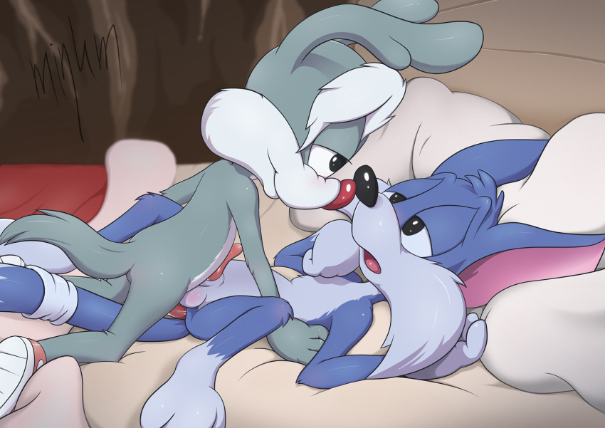 2boys anal anal_penetration anal_sex anthro balls bed bedroom calamity_coyote couple_(romantic) couple_love erection furrball gay half-closed_eyes looking_at_partner male male/male male_only minum open_mouth penis pillow sex smooth_fur spread_legs tiny_toon_adventures tongue warner_brothers yaoi