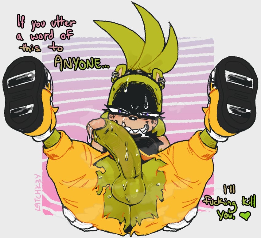 2026 afrosoricid anthro anus ass balls big_balls big_penis black_body bodily_fluids bottomwear clothed clothing death_threat dialogue drooling ear_piercing ear_ring embarrassed english_text footwear foreskin futanari genitals glare green_body green_hair gynomorph hair hand_on_butt hand_on_own_butt heart_after_text hi_res idw_publishing intersex latchk3y legs_up looking_at_viewer mammal multicolored_body no_underwear pants penis piercing profanity purple_eyes ring_piercing saliva sega sharp_teeth shoes simple_background smile smiling_at_viewer solo sonic_(series) sonic_the_hedgehog_(comics) sonic_the_hedgehog_(idw) sonic_the_hedgehog_(series) spread_legs spreading surge_the_tenrec sweat talking_to_viewer tan_body teeth tenrec text torn_bottomwear torn_clothing torn_pants wardrobe_malfunction