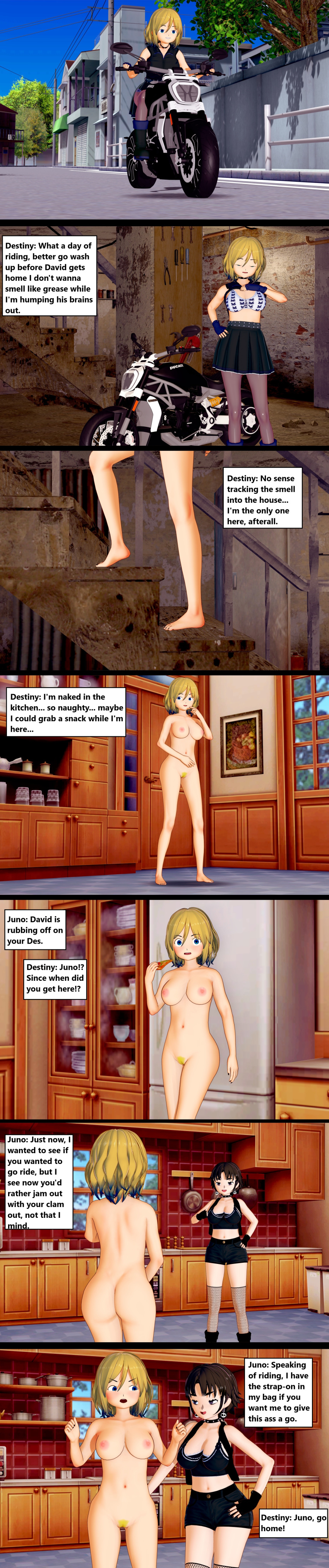 barefoot black_hair blonde_hair blue_eyes breasts buttcheeks casual_nudity choker destiny_(hintonphotos) dyed_hair embarrassed_nude_female hintonphotos juno_(hintonphotos) koikatsu midrif motorcycle nude_female painted_nails pizza