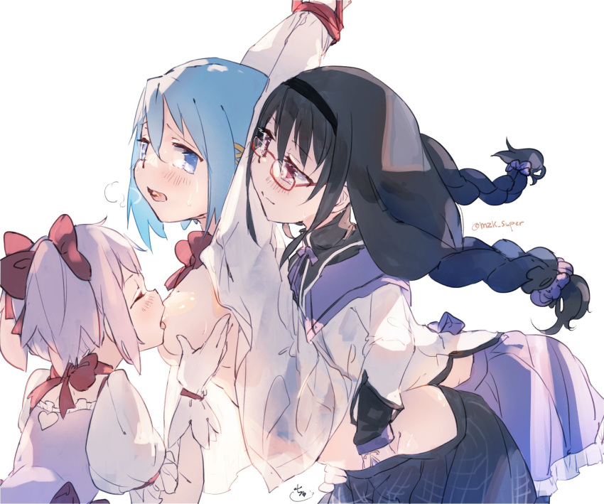 3girls akemi_homura black_hair blue_eyes blue_hair blush braid capelet closed_eyes female female_only fingering glasses hairband highres human licking long_hair madoka_kaname magical_girl mahou_shoujo_madoka_magica miki_sayaka multiple_girls mzk_super nipple_licking nude pink_hair pleated_skirt puella_magi_madoka_magica puffy_sleeves purple_eyes school_uniform short_hair skirt twin_braids twintails yuri