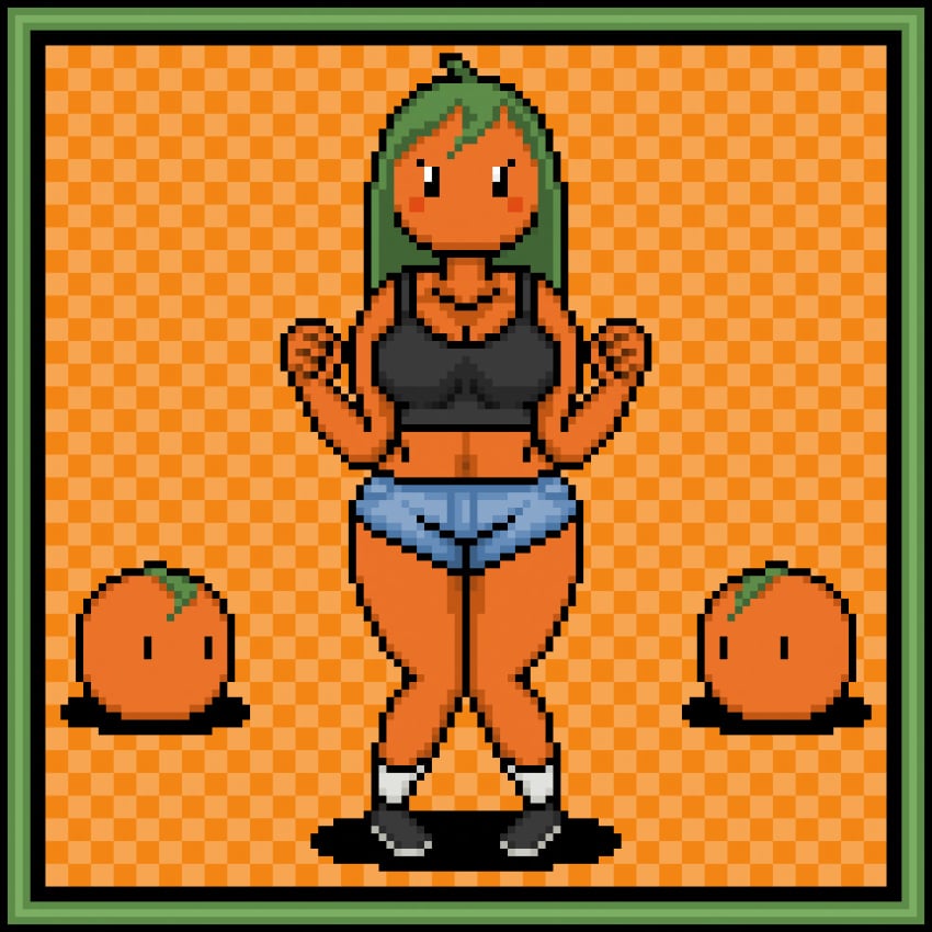 animated food_creature fruit green_hair orange_skin orangejuicemann pixel_art poppy_(orangejuicemann)