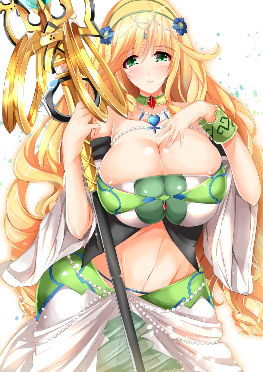 1girls bare_shoulders blonde_hair cleavage curvy female green_eyes highres huge_breasts jewelry long_hair looking_at_viewer madan_no_ou_to_vanadis midriff minamon_(vittel221) necklace smile sofya_obertas solo staff wide_hips