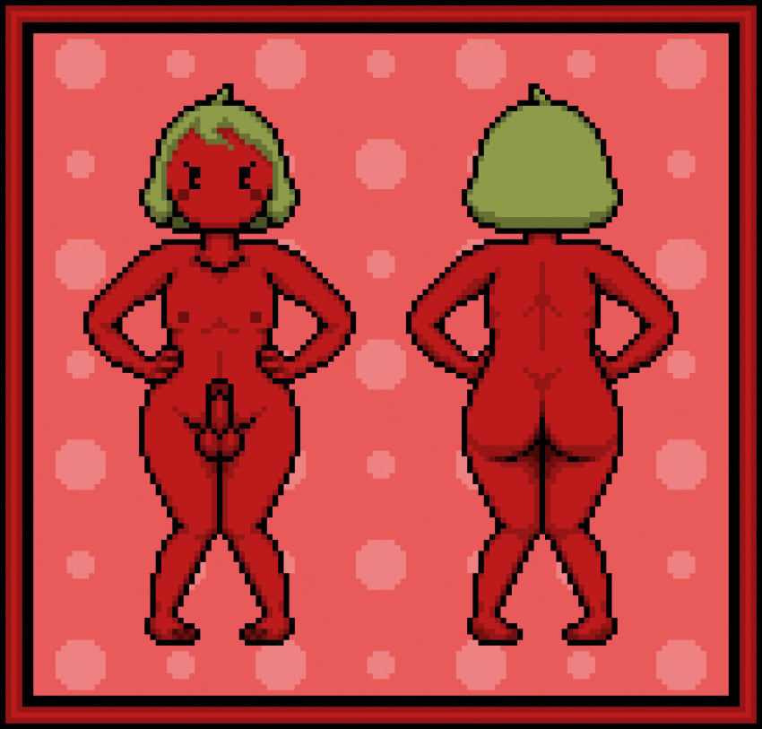 animated apple_(fruit) femboy food_creature gif green_hair male male_only nude nude_male orangejuicemann penis pixel_art red_skin short_hair solo solo_focus solo_male tagme thick_ass