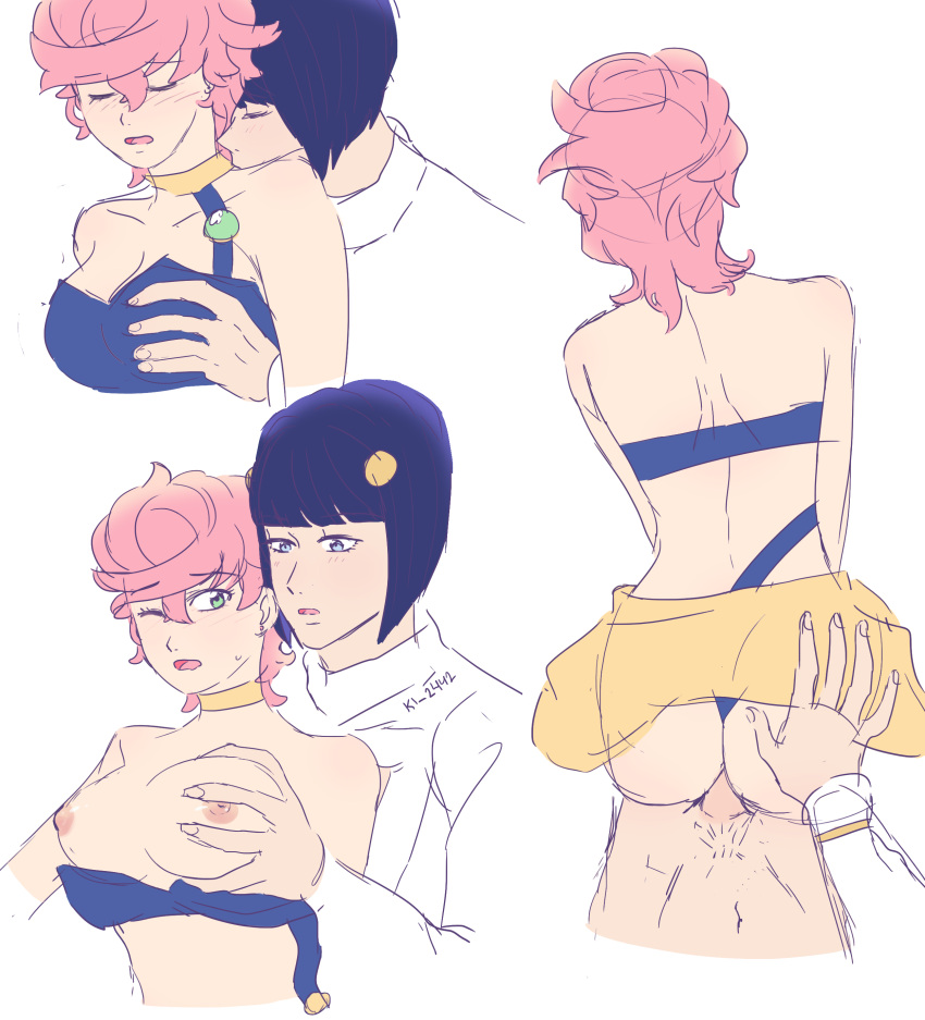 1boy 1boy1girl 1girls black_hair black_hair_male blue_eyes blue_eyes_male breast_grab breasts breasts_out bruno_buccellati clothed_sex female green_eyes green_eyes_female groping_breasts groping_from_behind jojo's_bizarre_adventure ki_2442 kissing kissing_neck male pink_hair pink_hair_female pubic_stubble straight trish_una vaginal_penetration vento_aureo