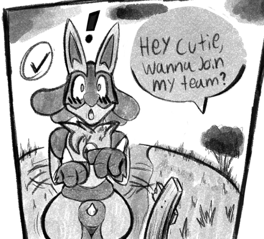 animal_genitalia animal_penis anthro canine_penis dialogue exclamation_point genitals grass hi_res lucario male male_only monochrome nintendo penis plant pokemon pokemon_(species) sheath snowcario_(artist) solo