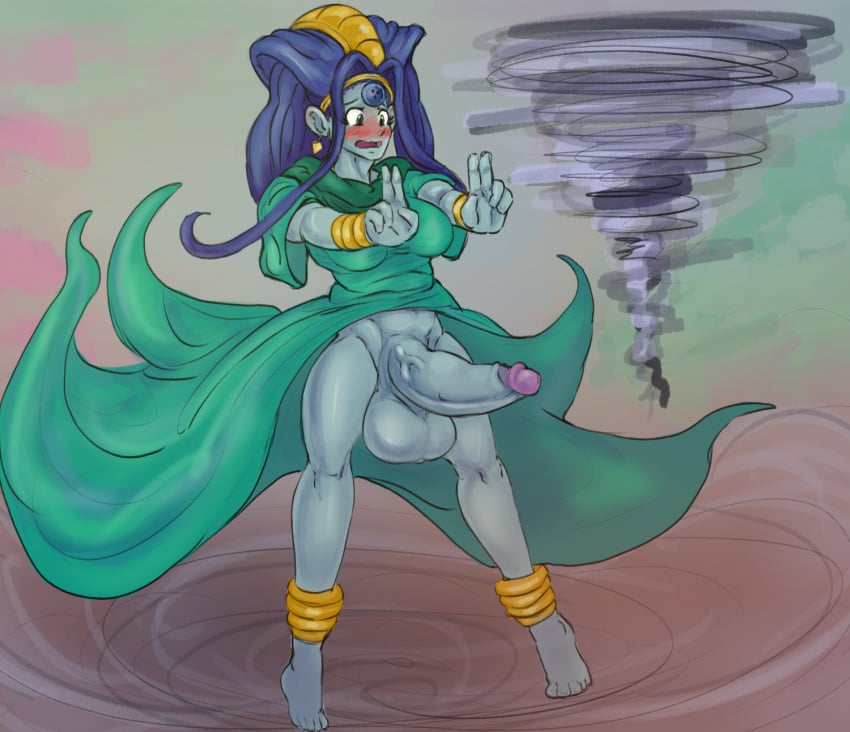 1futa accidental_exposure balls blue_hair blue_skin blush breasts clothed clothing dragon_ball dragon_ball_gt dragon_futa dragon_humanoid embarrassed evil_dragon feet futa_only futanari huge_balls huge_cock humanoid humanoid_penis liu_xing_long no_eyewear oceanus_shenron oceanus_shenron_(princess_oto) penis sbg shadow_dragon solo standing